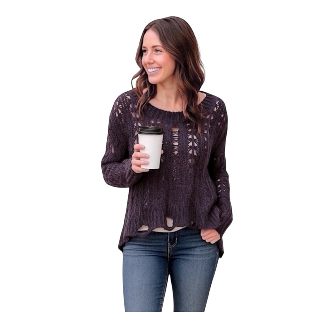 Altar'd State Distressed Open-Knit Crewneck Sweater in Deep Plum